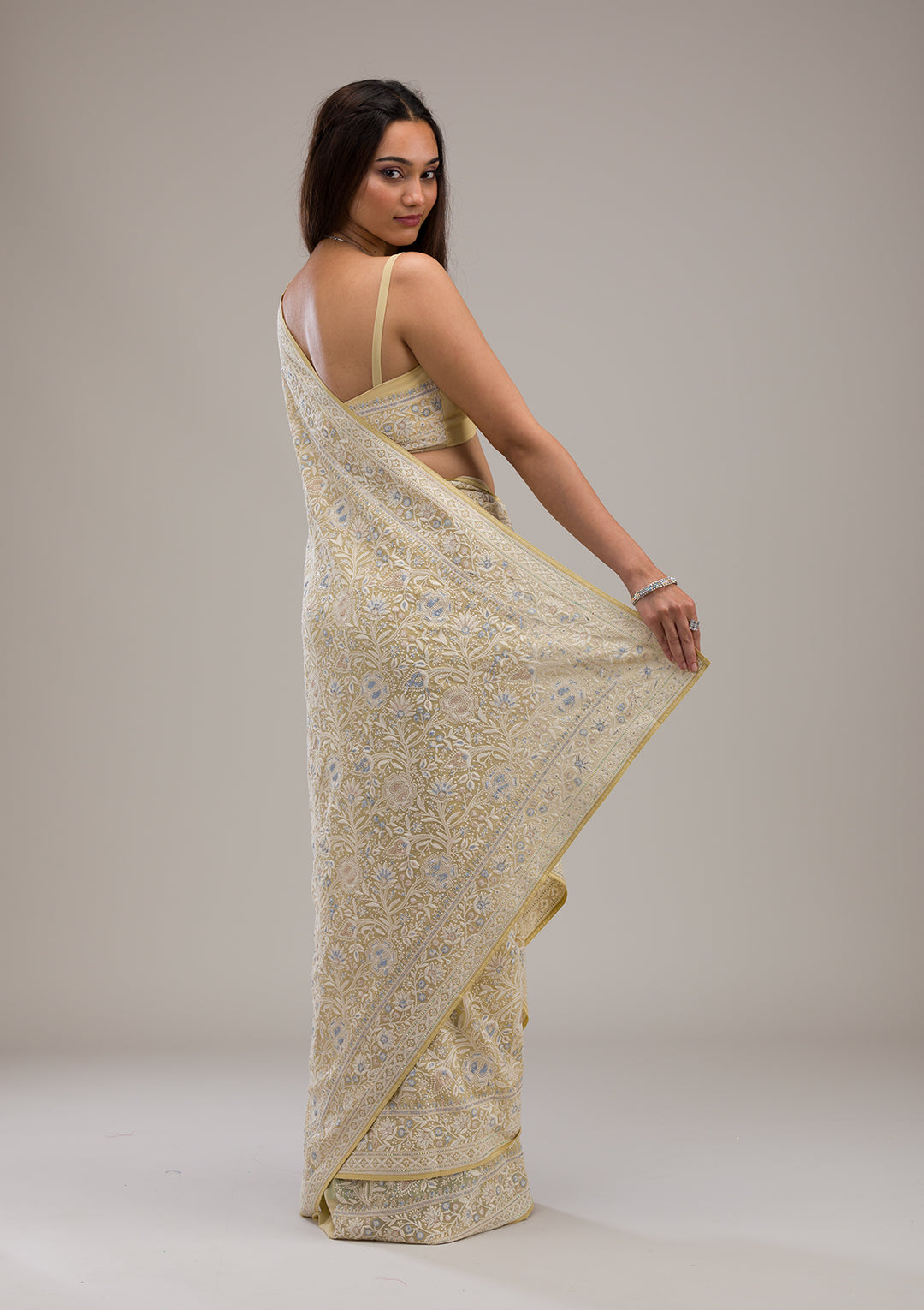 Lemon Yellow Threadwork Tissue Saree