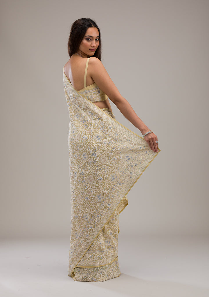 Lemon Yellow Threadwork Tissue Saree