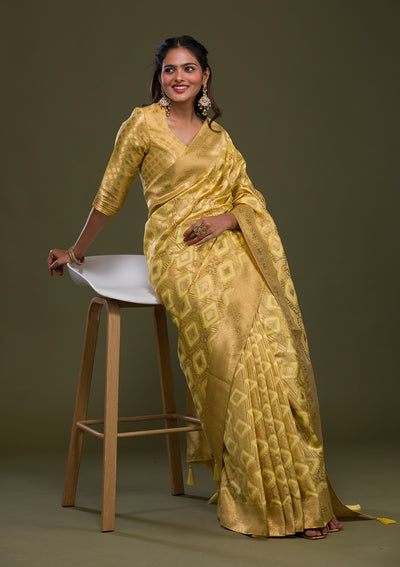 Lemon Yellow Zariwork Art Silk Saree-Koskii