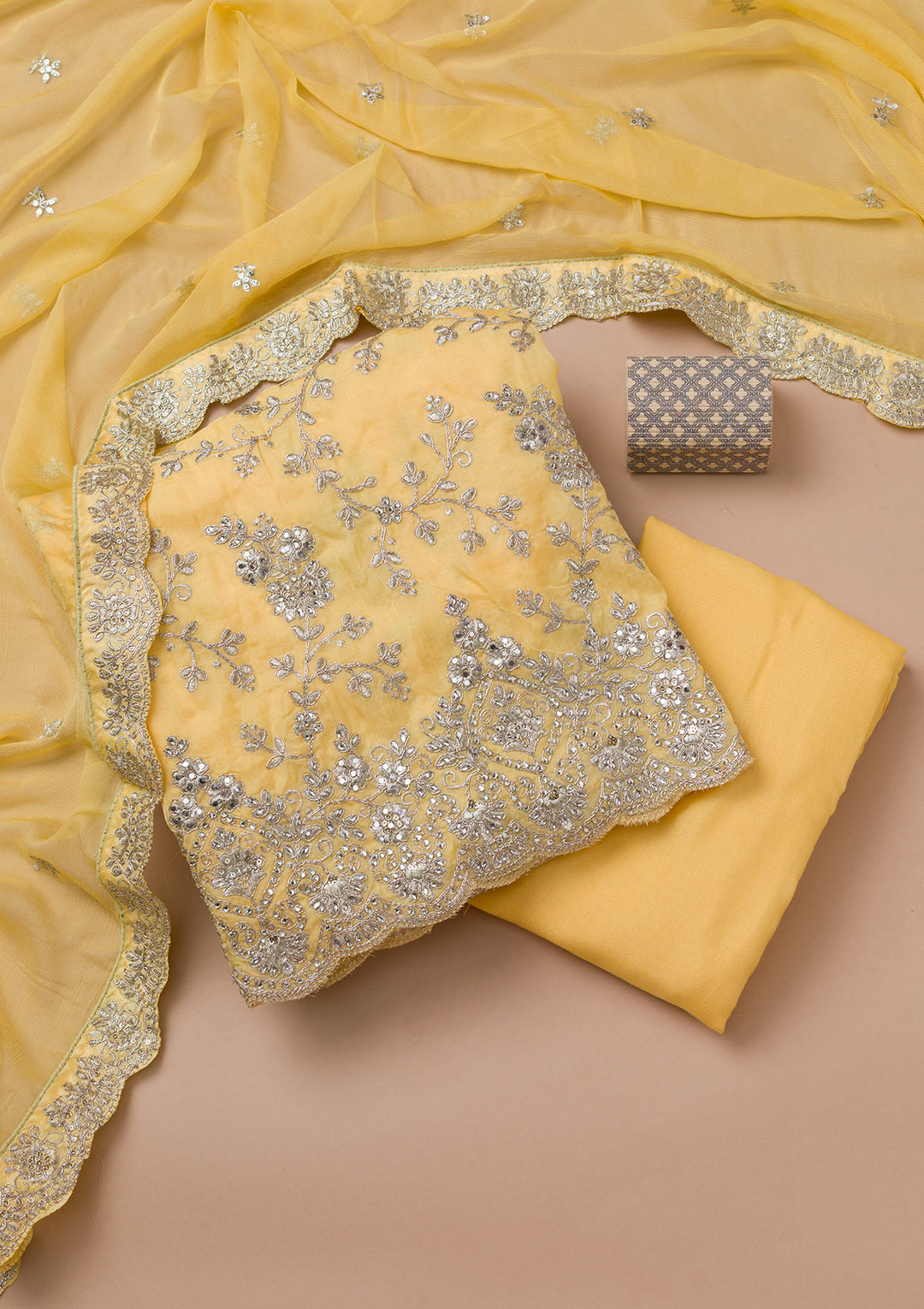 Lemon Yellow Zariwork Crepe Unstitched Salwar Suit
