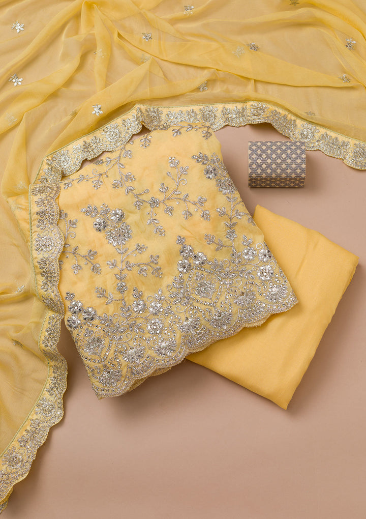 Lemon Yellow Zariwork Crepe Unstitched Salwar Suit