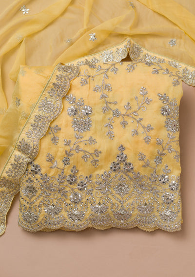 Lemon Yellow Zariwork Crepe Unstitched Salwar Suit