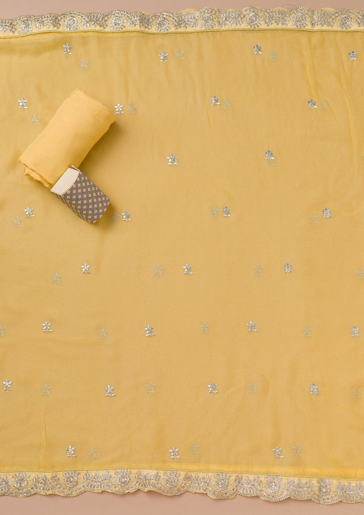 Lemon Yellow Zariwork Crepe Unstitched Salwar Suit