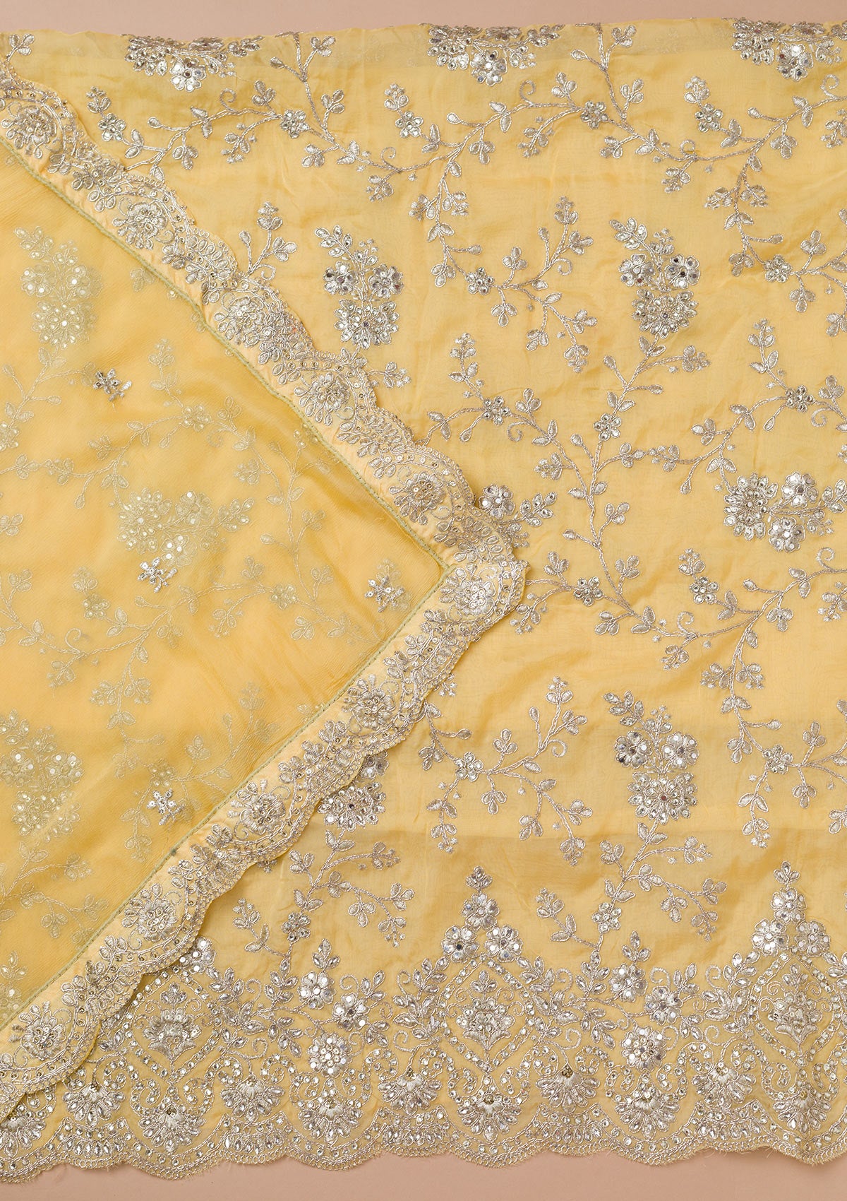Lemon Yellow Zariwork Crepe Unstitched Salwar Suit