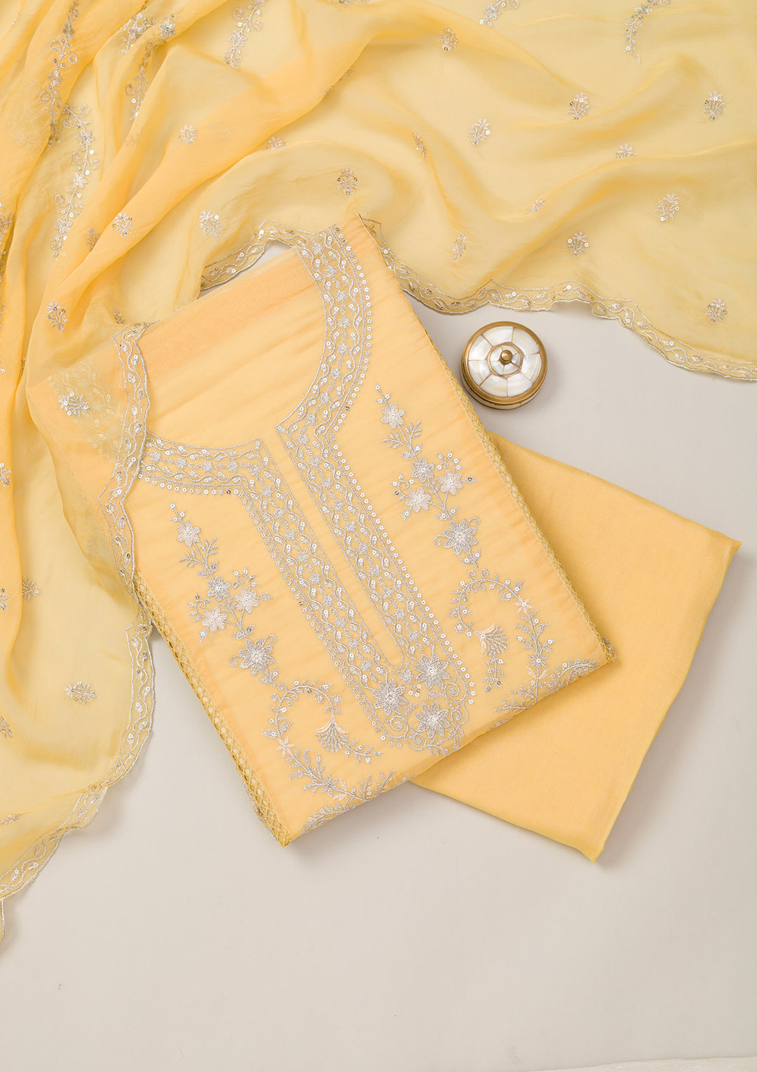 Lemon Yellow Zariwork Tissue Unstitched Salwar Suit