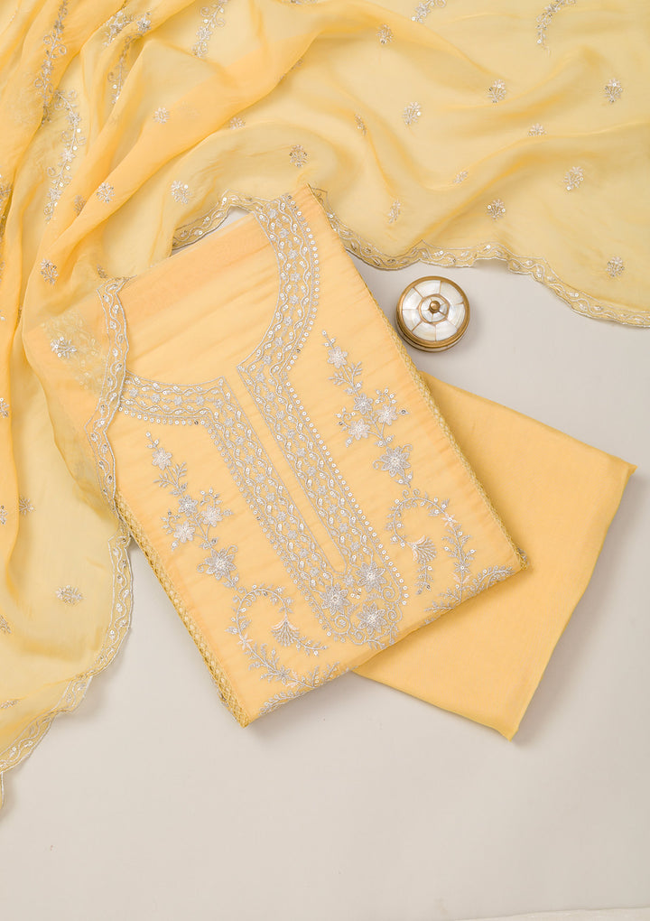 Lemon Yellow Zariwork Tissue Unstitched Salwar Suit