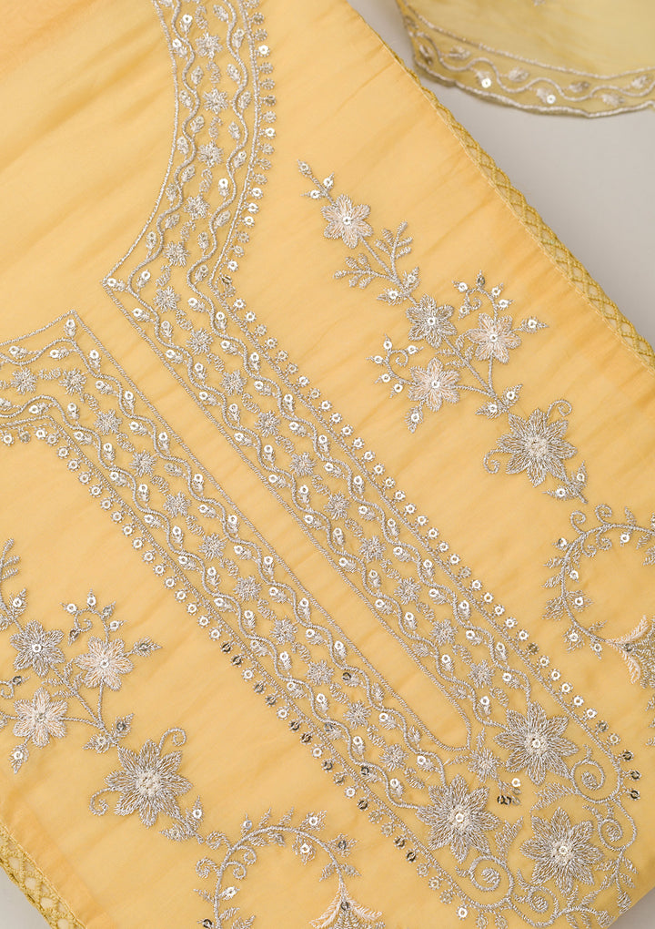 Lemon Yellow Zariwork Tissue Unstitched Salwar Suit