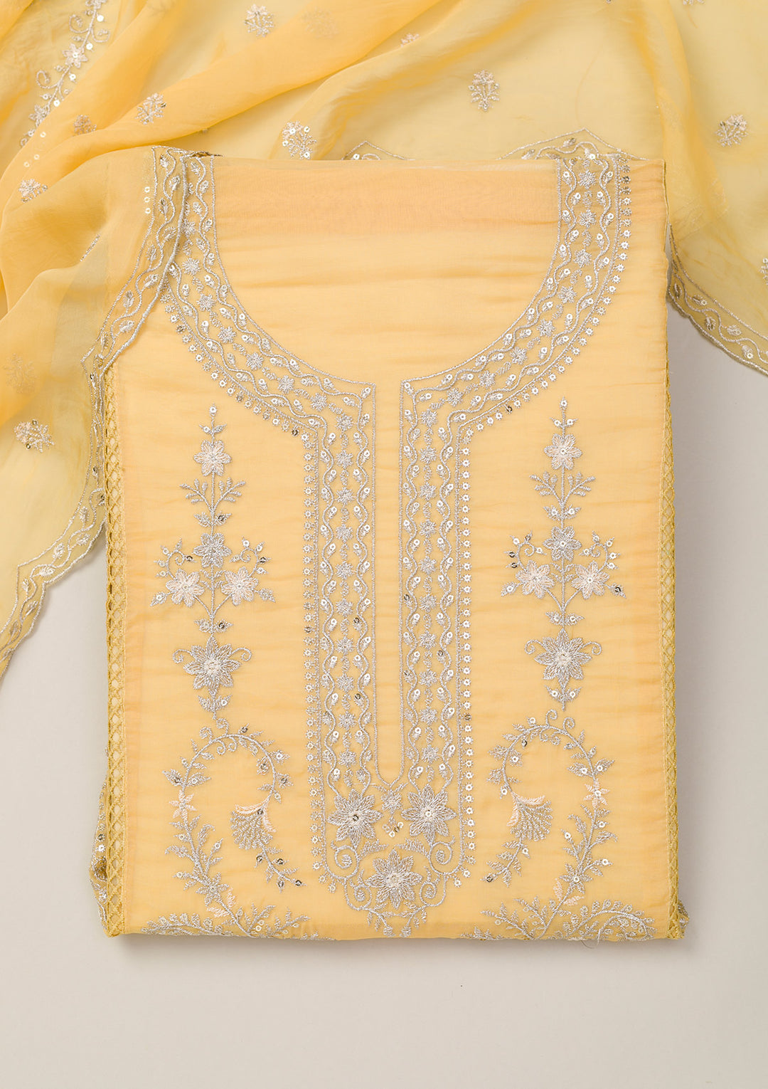Lemon Yellow Zariwork Tissue Unstitched Salwar Suit