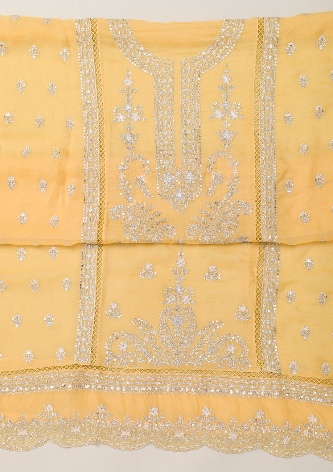 Lemon Yellow Zariwork Tissue Unstitched Salwar Suit