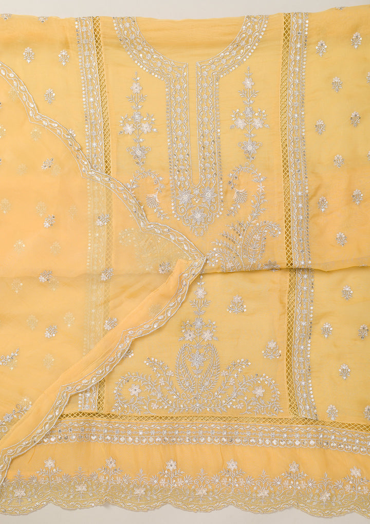 Lemon Yellow Zariwork Tissue Unstitched Salwar Suit