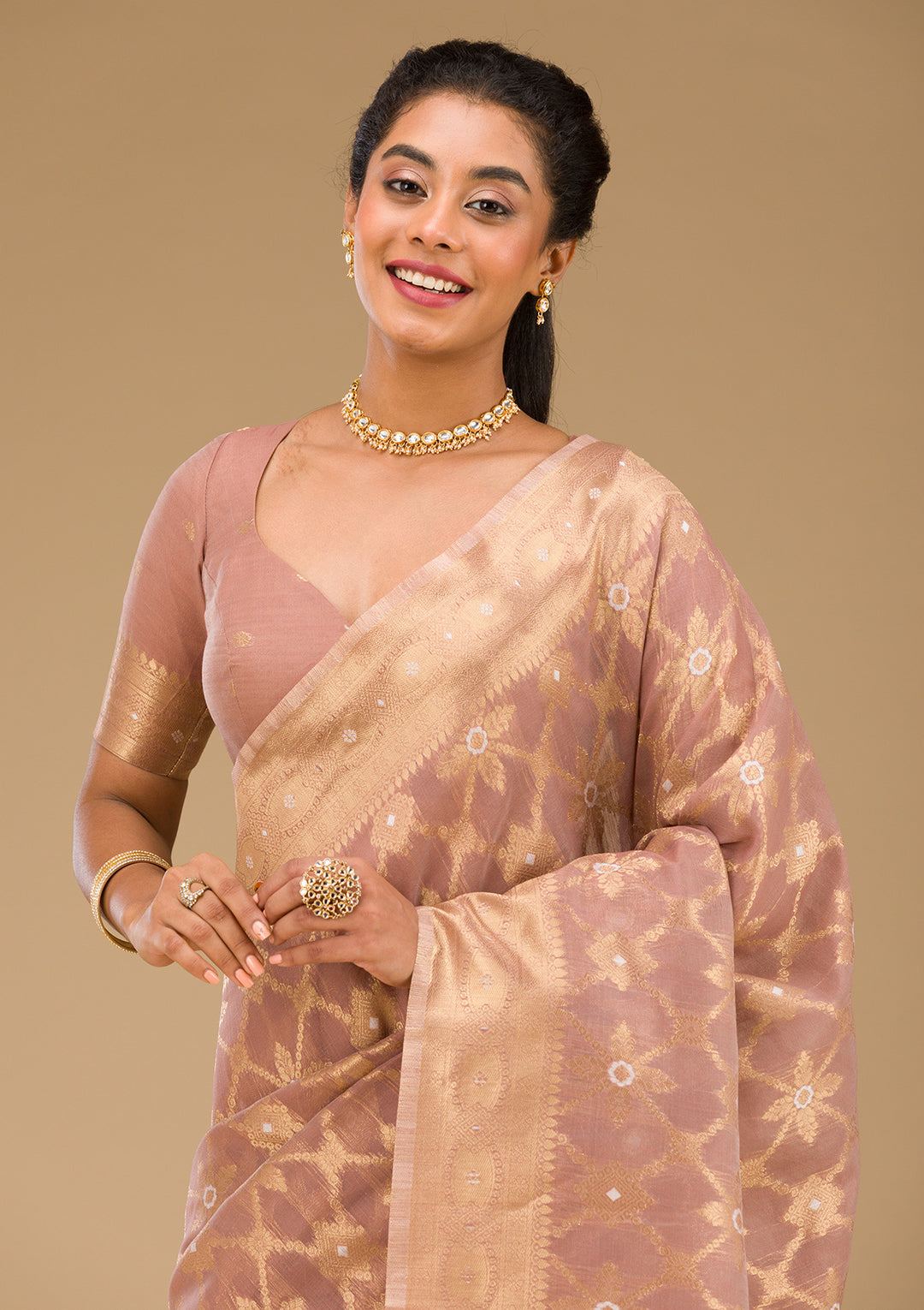 Light Brown Zariwork Art Silk Saree