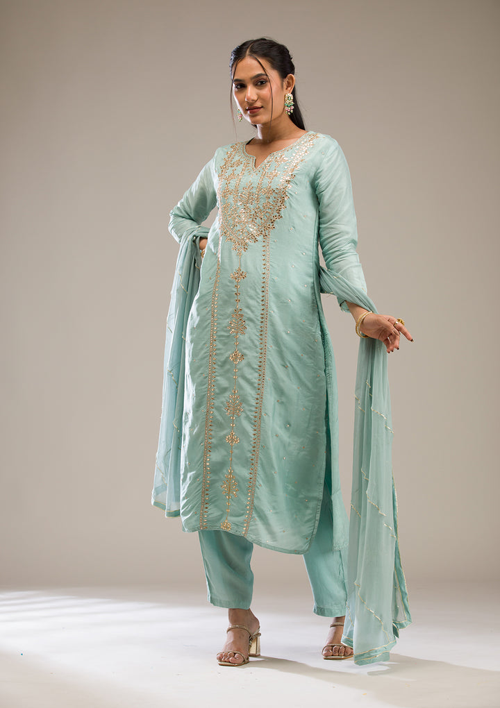 Light Grey Gotapatti Semi Crepe Readymade Salwar Suit