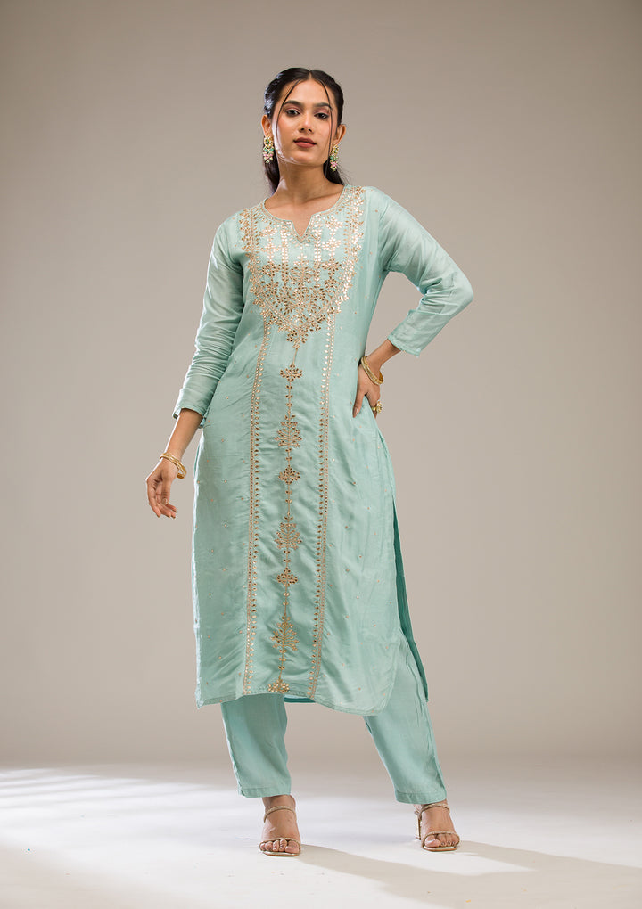 Light Grey Gotapatti Semi Crepe Readymade Salwar Suit