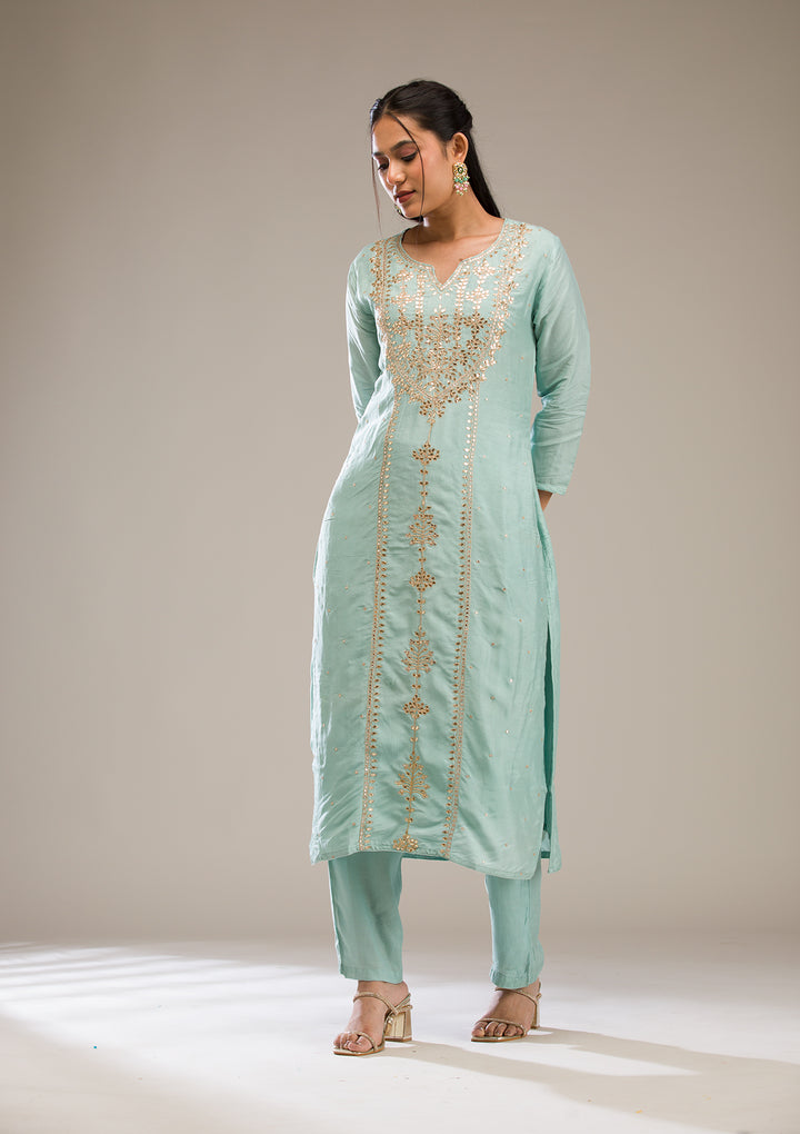 Light Grey Gotapatti Semi Crepe Readymade Salwar Suit