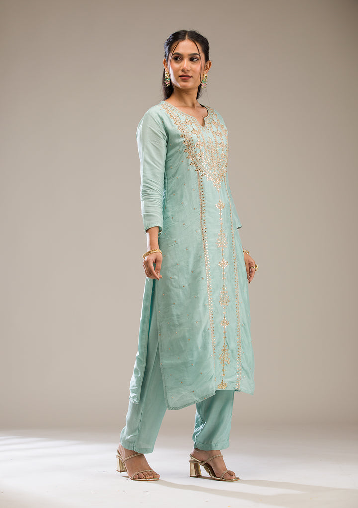 Light Grey Gotapatti Semi Crepe Readymade Salwar Suit