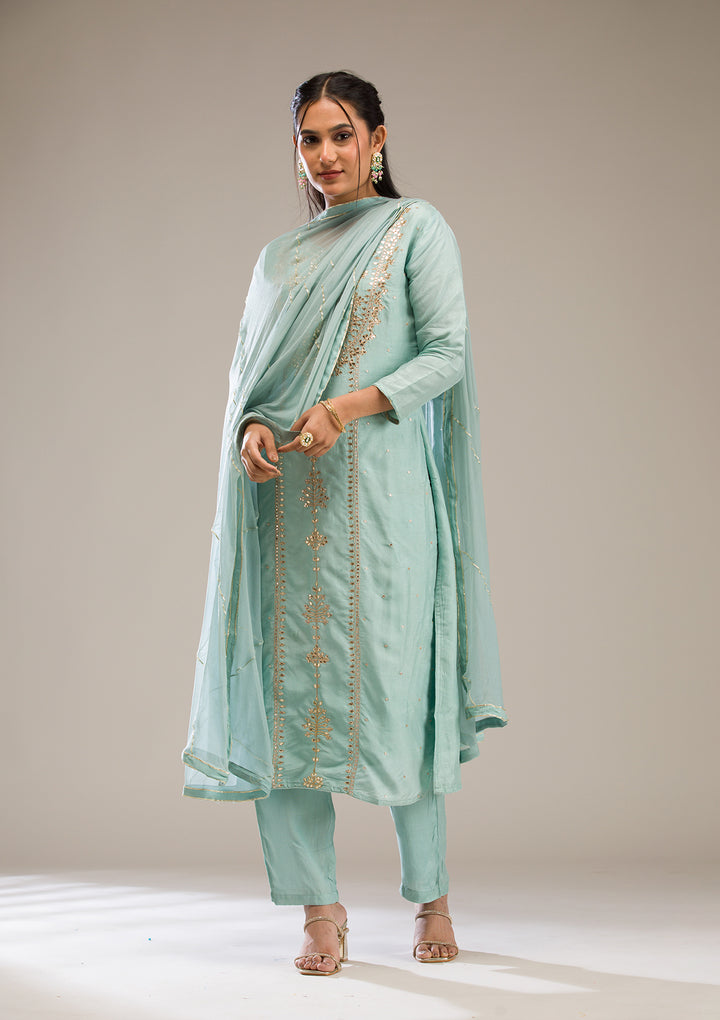 Light Grey Gotapatti Semi Crepe Readymade Salwar Suit