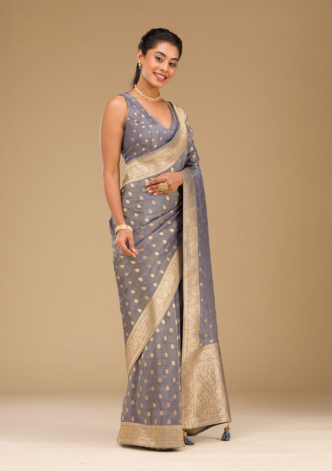 Light Grey Zariwork Raw Silk Saree