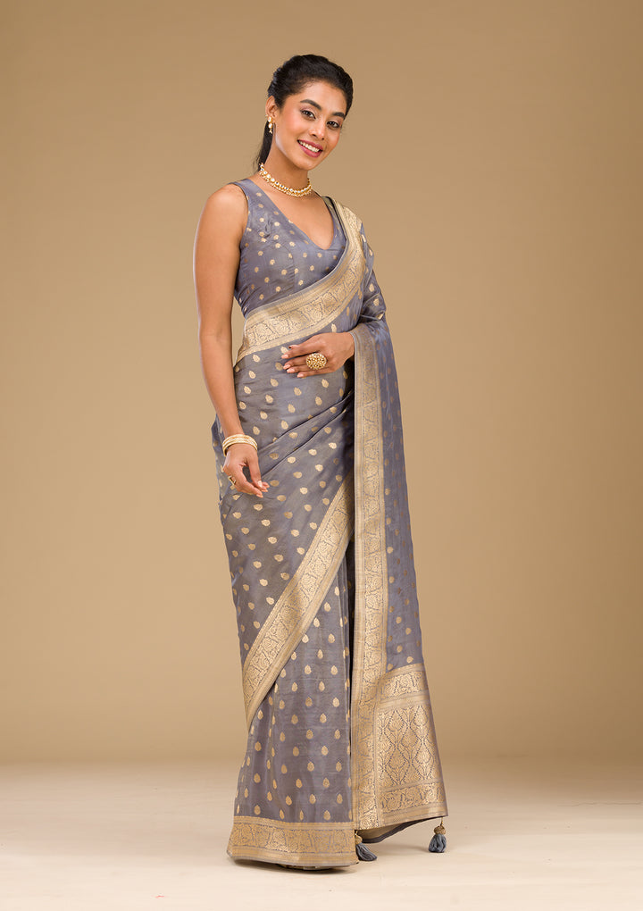 Light Grey Zariwork Raw Silk Saree