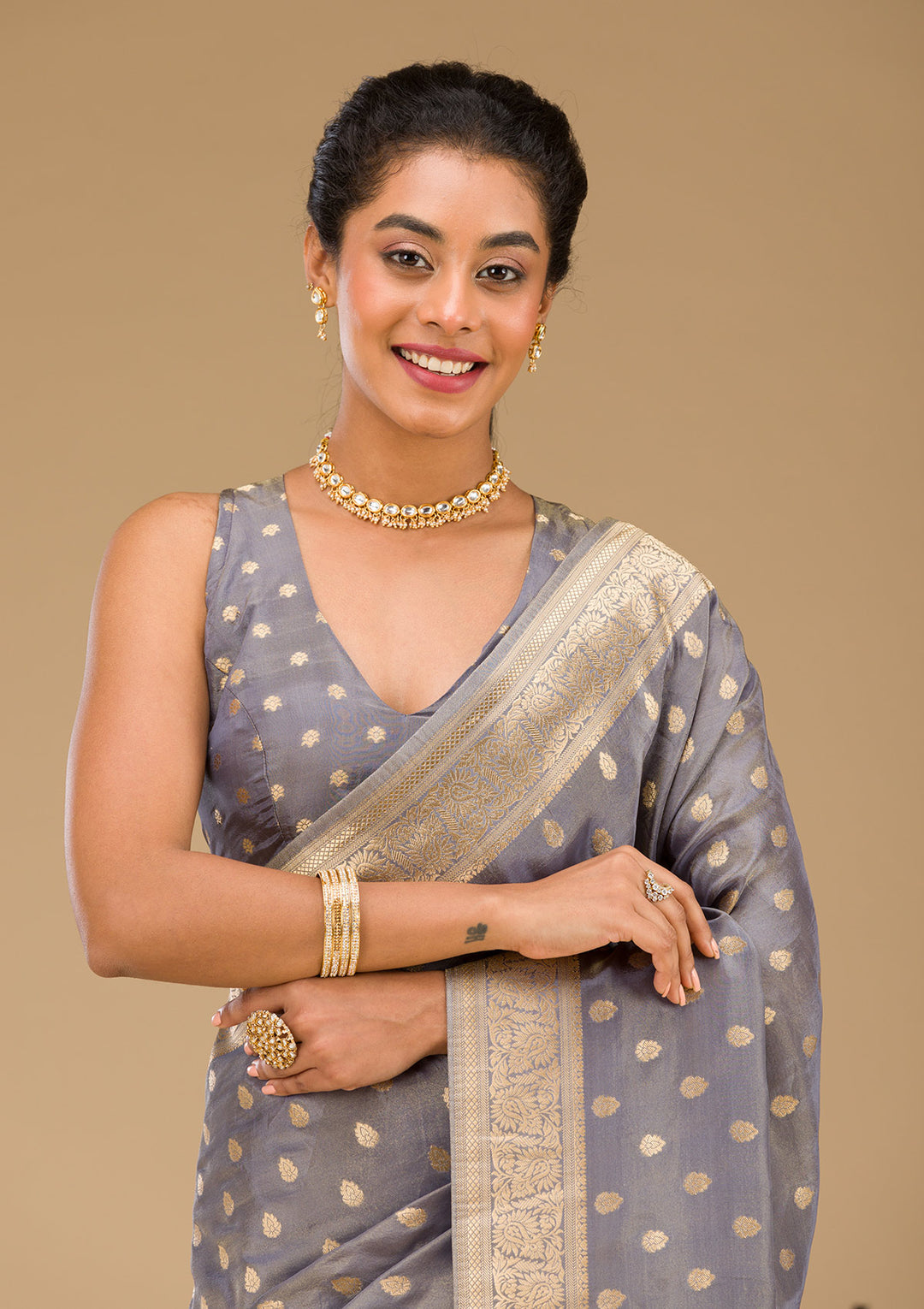 Light Grey Zariwork Raw Silk Saree