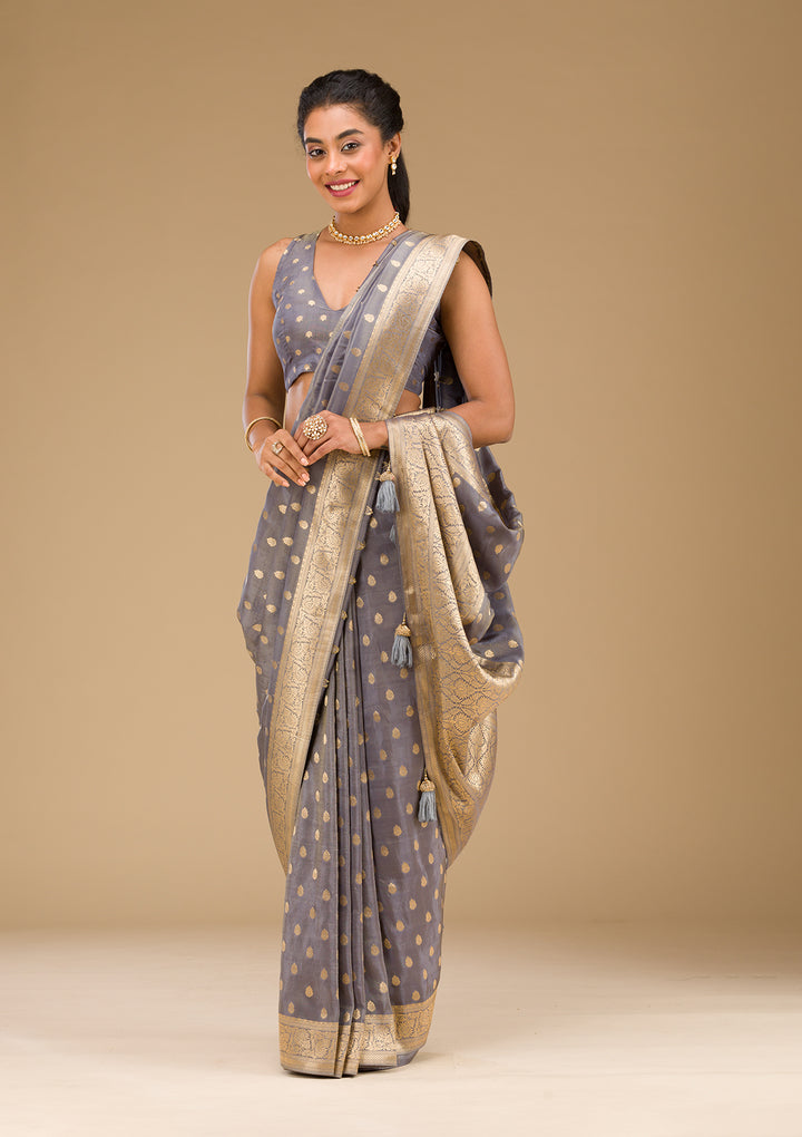 Light Grey Zariwork Raw Silk Saree
