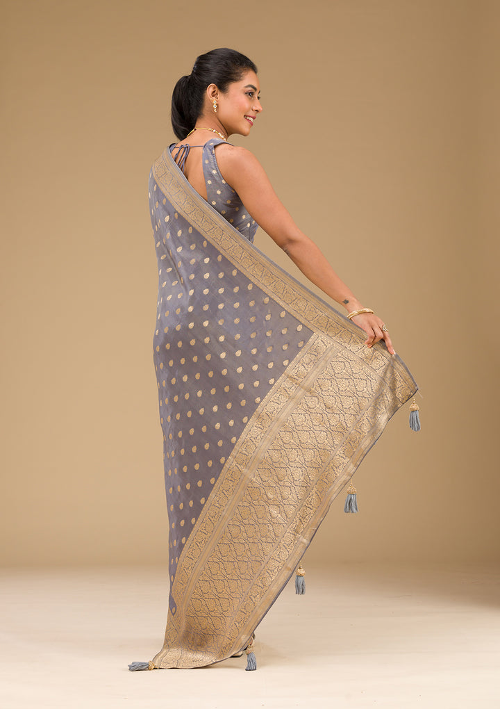 Light Grey Zariwork Raw Silk Saree