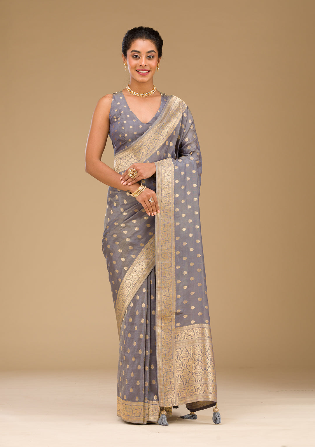 Light Grey Zariwork Raw Silk Saree