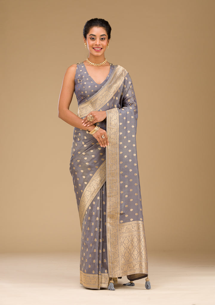Light Grey Zariwork Raw Silk Saree