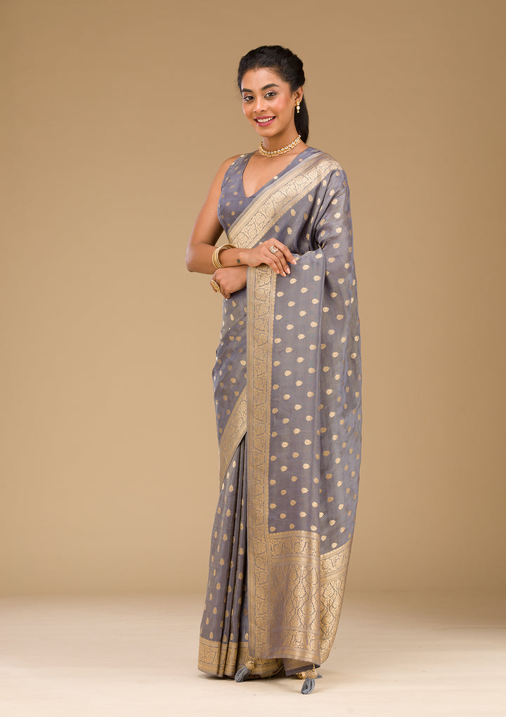 Light Grey Zariwork Raw Silk Saree