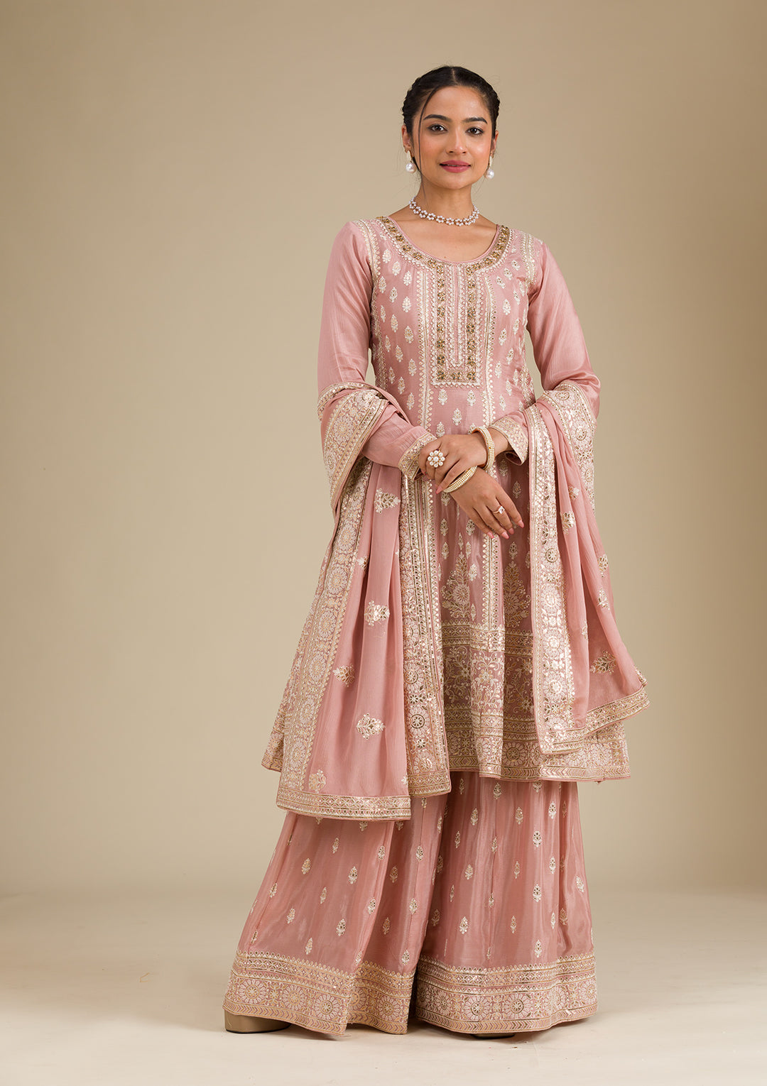 Mehendi Dress for Bride: How to Choose the Perfect Outfit for Your Special Day 2024 3 koskii lightbrown gotapatti tissue designer salwar suit