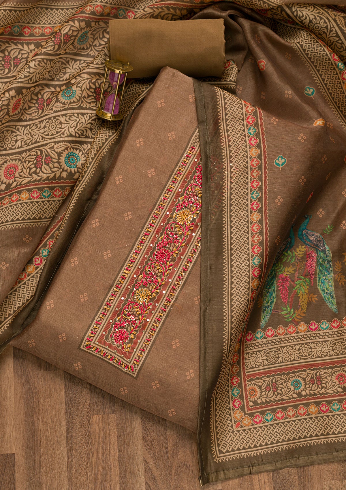 Light Brown Printed Chanderi Unstitched Salwar Suit-Koskii