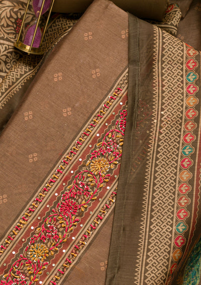 Light Brown Printed Chanderi Unstitched Salwar Suit