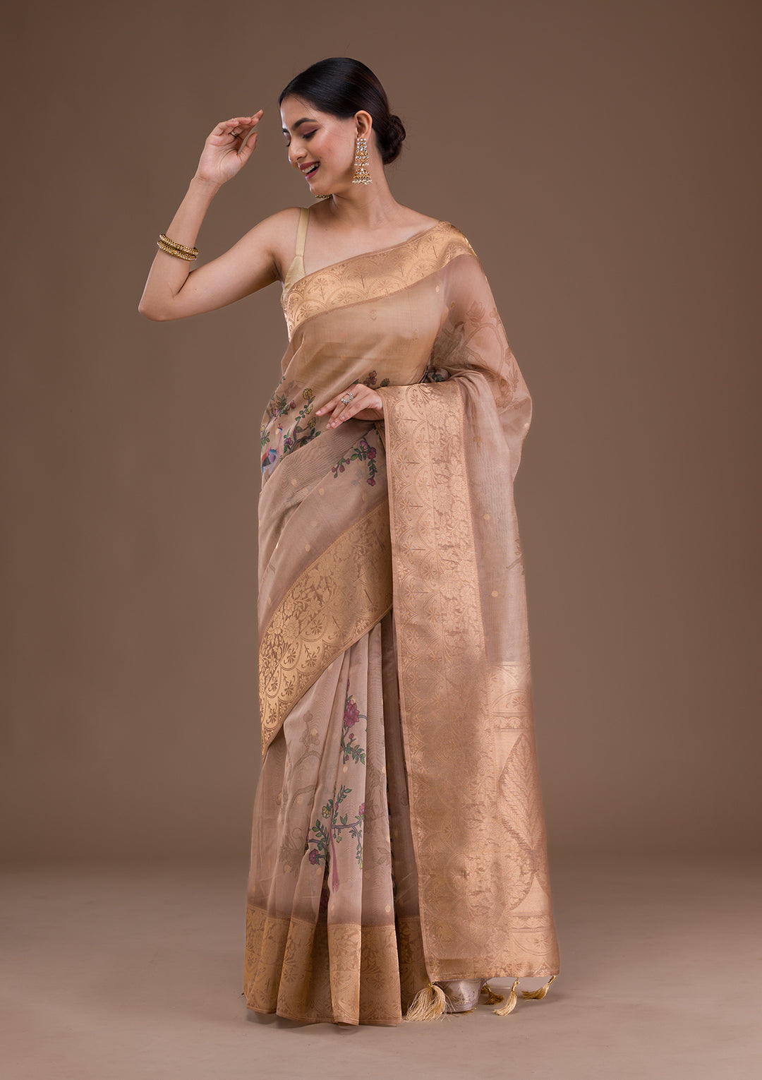 Light Brown Printed Tissue Saree