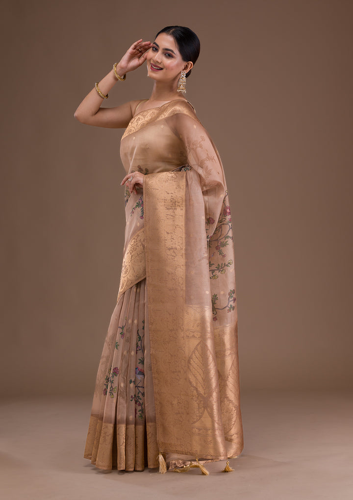 Light Brown Printed Tissue Saree