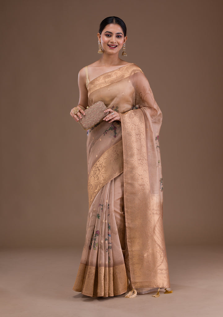 Light Brown Printed Tissue Saree