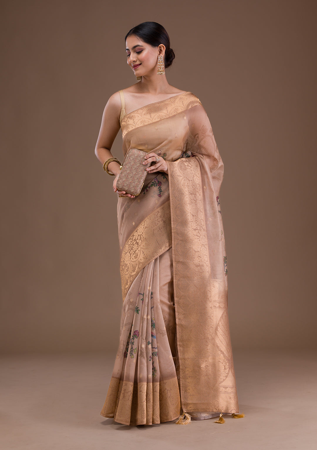 Light Brown Printed Tissue Saree