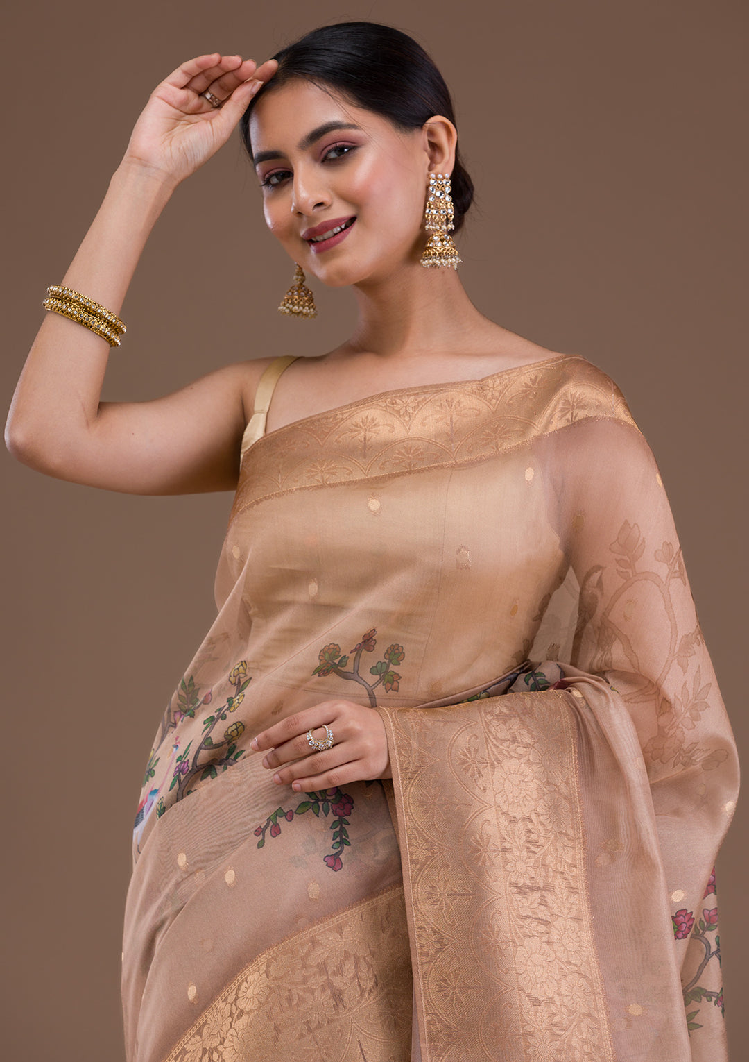 Light Brown Printed Tissue Saree