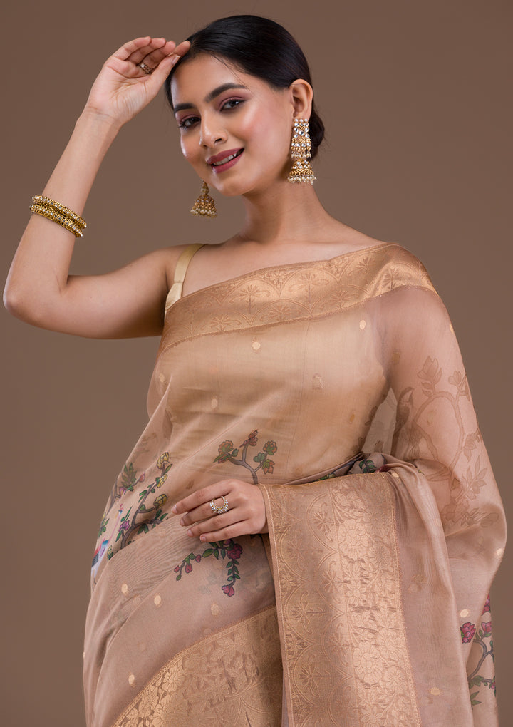Light Brown Printed Tissue Saree