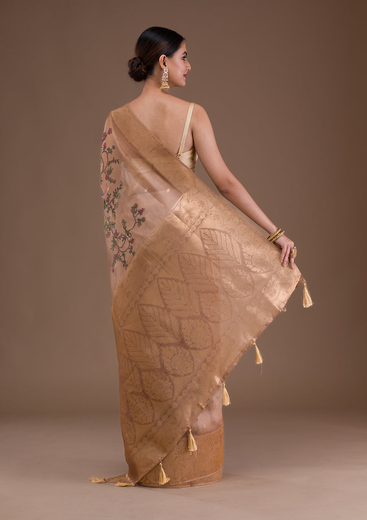 Light Brown Printed Tissue Saree