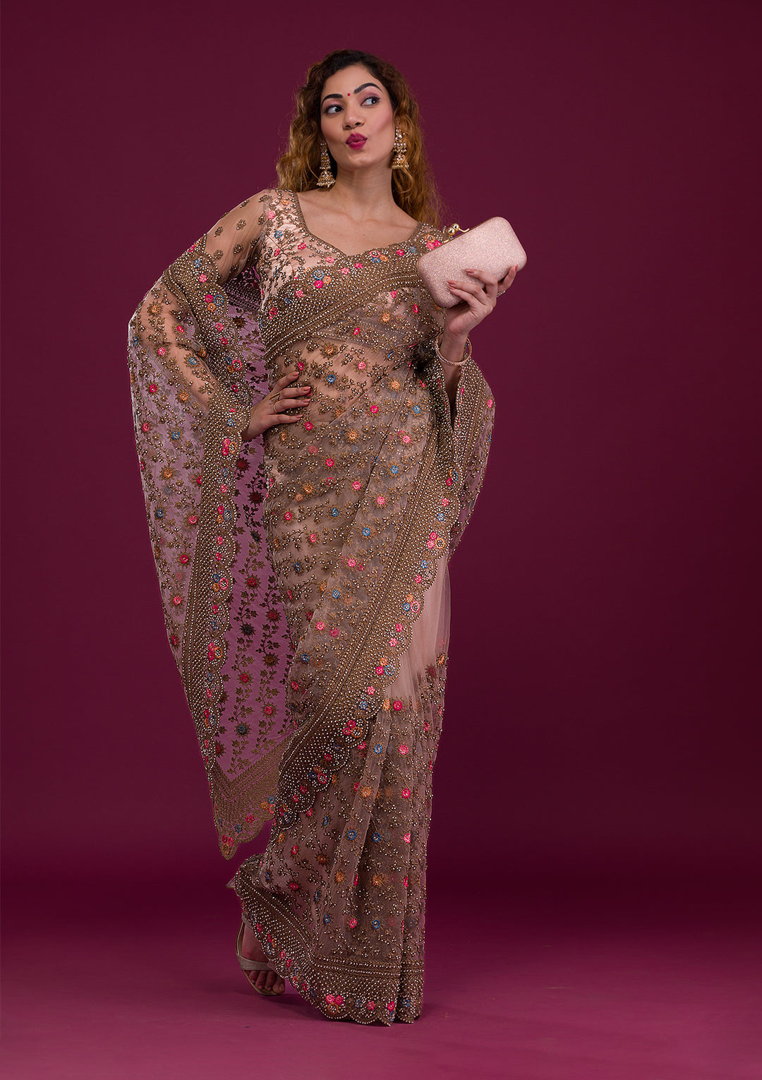 Light Brown Stonework Net Saree-Koskii