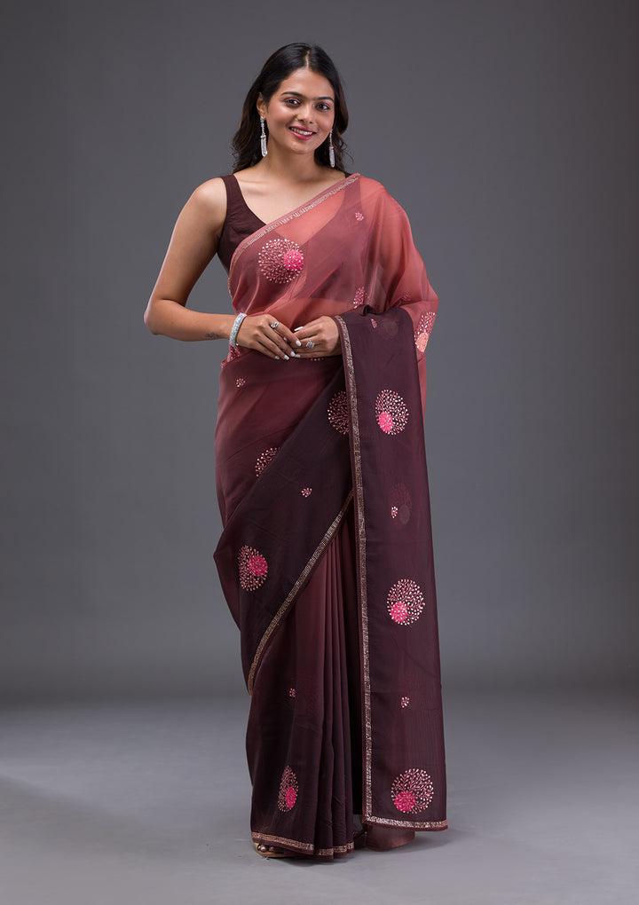 Light Brown Swarovski Satin Saree