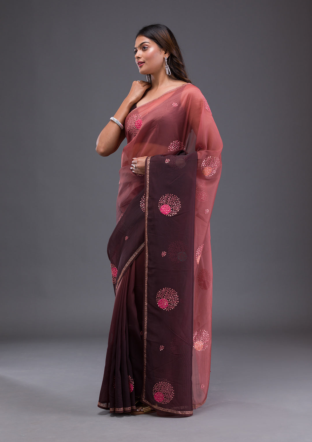 Light Brown Swarovski Satin Saree