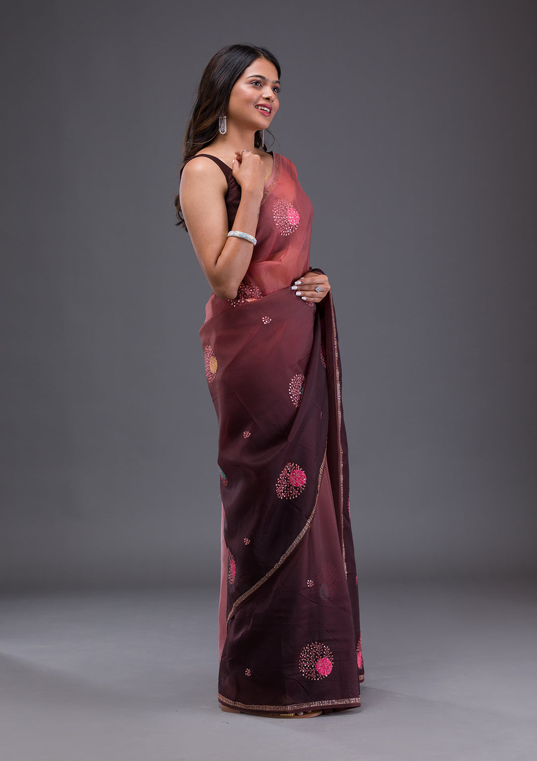 Light Brown Swarovski Satin Saree
