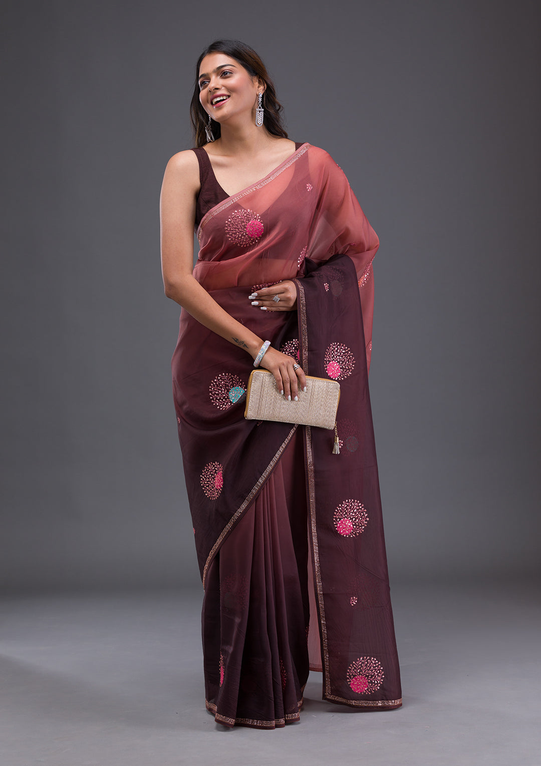 Light Brown Swarovski Satin Saree