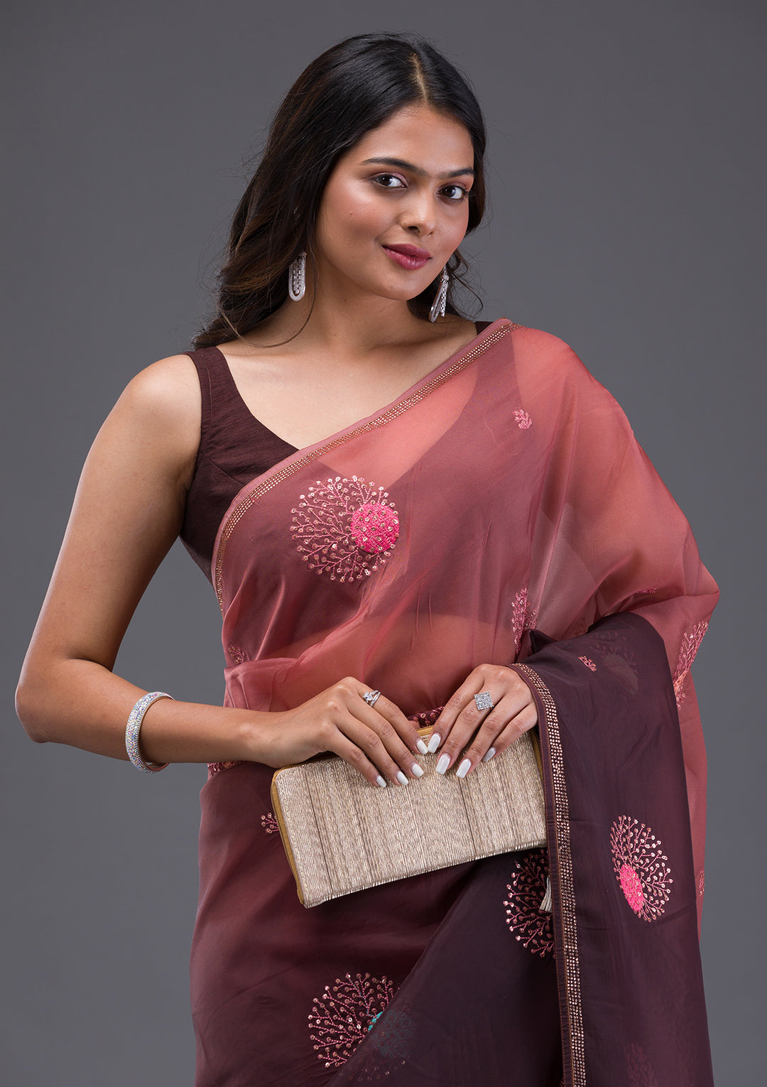 Light Brown Swarovski Satin Saree