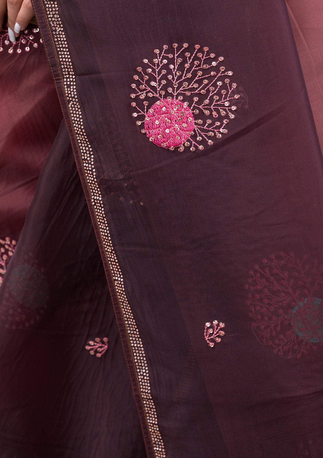 Light Brown Swarovski Satin Saree