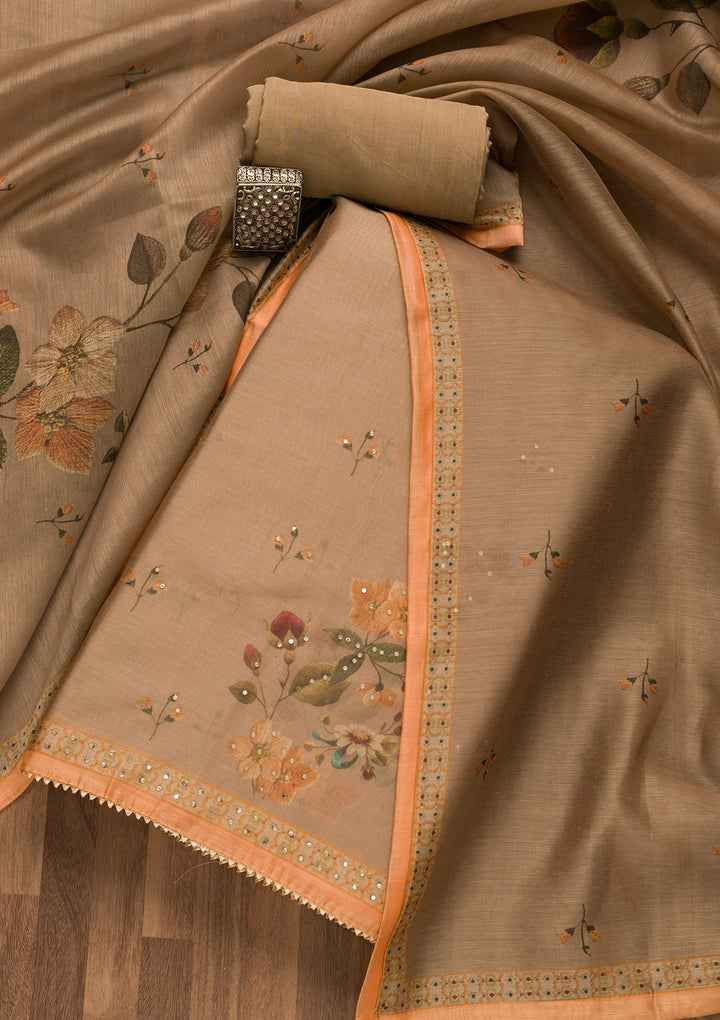 Light Brown Threadwork Chanderi Unstitched Salwar Suit-Koskii