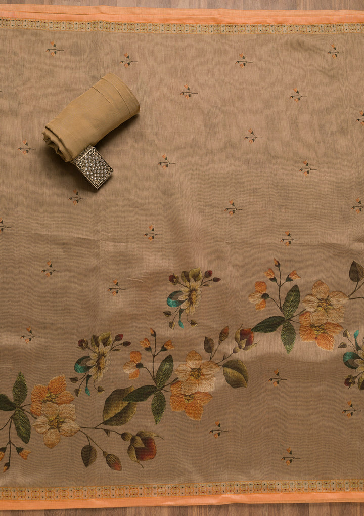 Light Brown Threadwork Chanderi Unstitched Salwar Suit