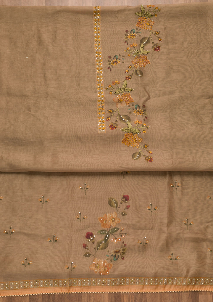 Light Brown Threadwork Chanderi Unstitched Salwar Suit