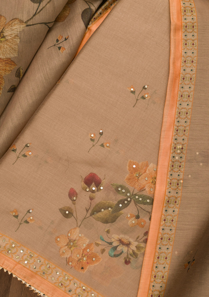 Light Brown Threadwork Chanderi Unstitched Salwar Suit