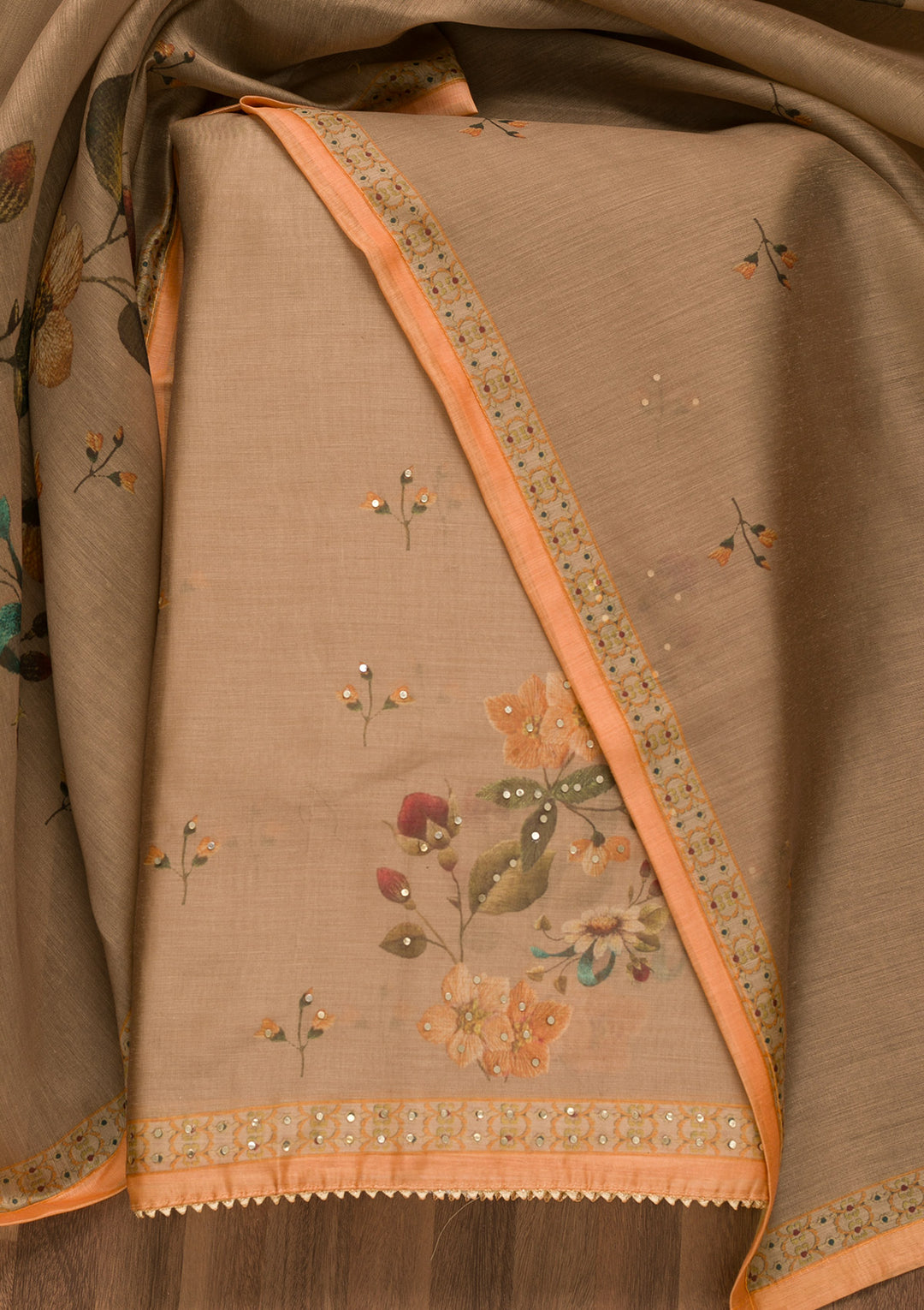 Light Brown Threadwork Chanderi Unstitched Salwar Suit